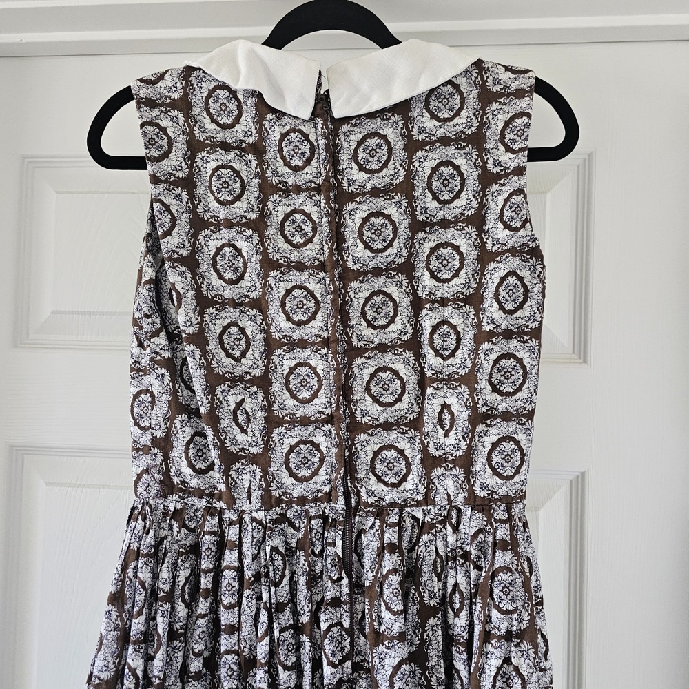 1950s 1960s Vintage Cotton Midi Dress Brown & White #44 - Picture 5 of 7